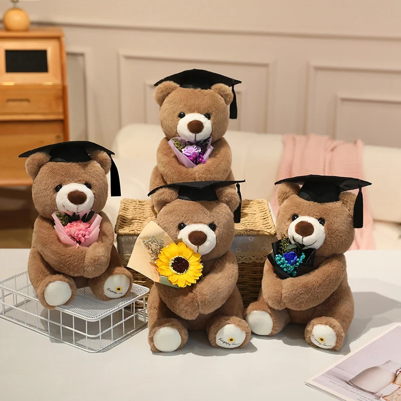 28cm Niedlicher Hut-Bär Plüschtier Kawaii Tier mit Sonnenblume Rose Plüschpuppe Geschenke für Studentenabschlusszeit