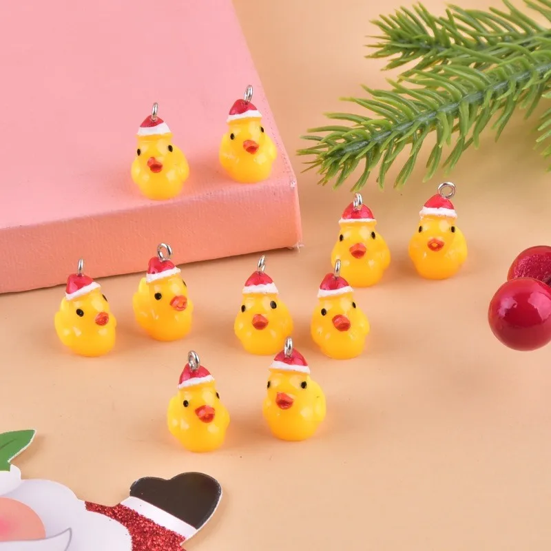 10pcs Christmas Small Yellow Duck Resin Charms Santa Hat Funny Cute Pendant For Earring Keychain Diy Jewelry Accessories