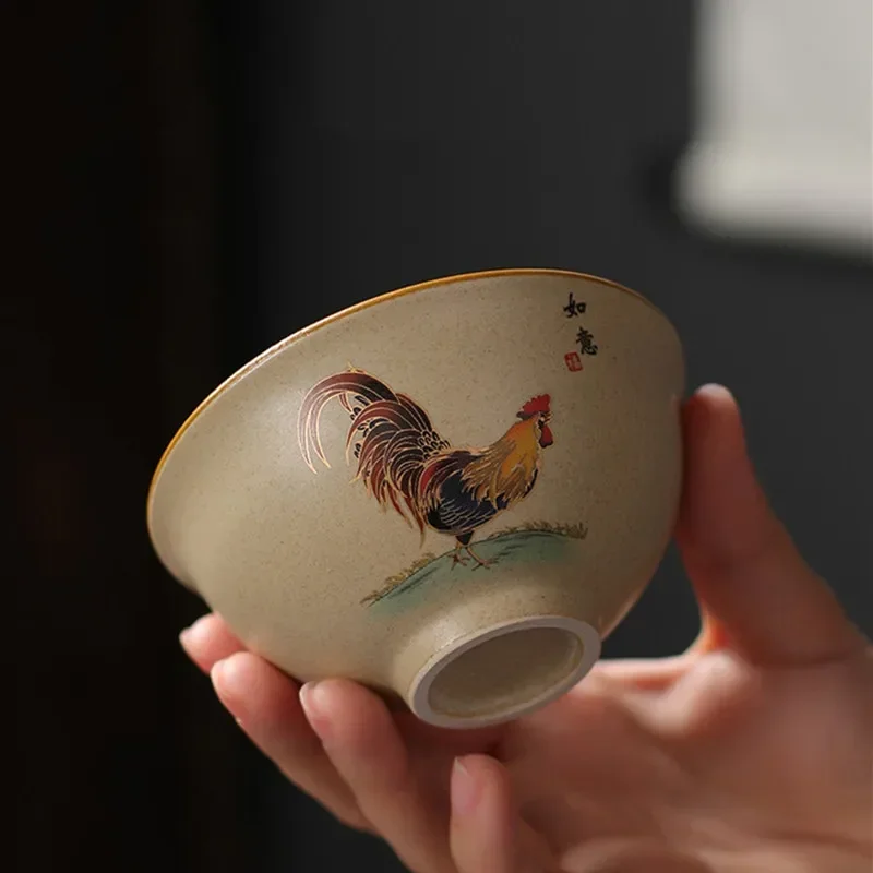 Antique Pottery Ceramic Teacup Hand Painted Cock Tea Cup Travel Portable Tea Bowl Pu\'er Master Cup Chinese Tea set Accessories