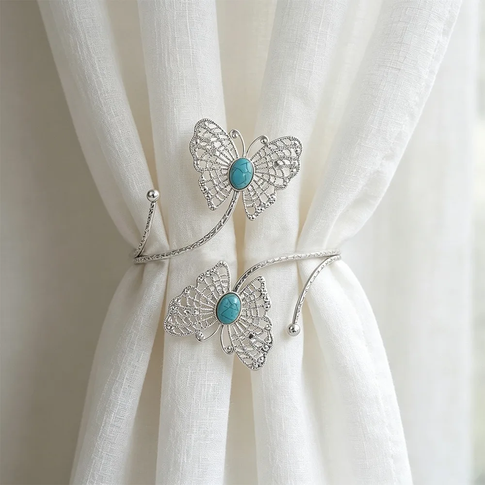 Vintage Butterfly Open Cuff Armlet Turquoise Inlay Adjustable Opening Butterfly Cuff Bracelet Metal Hollow Design Curtain Buckle