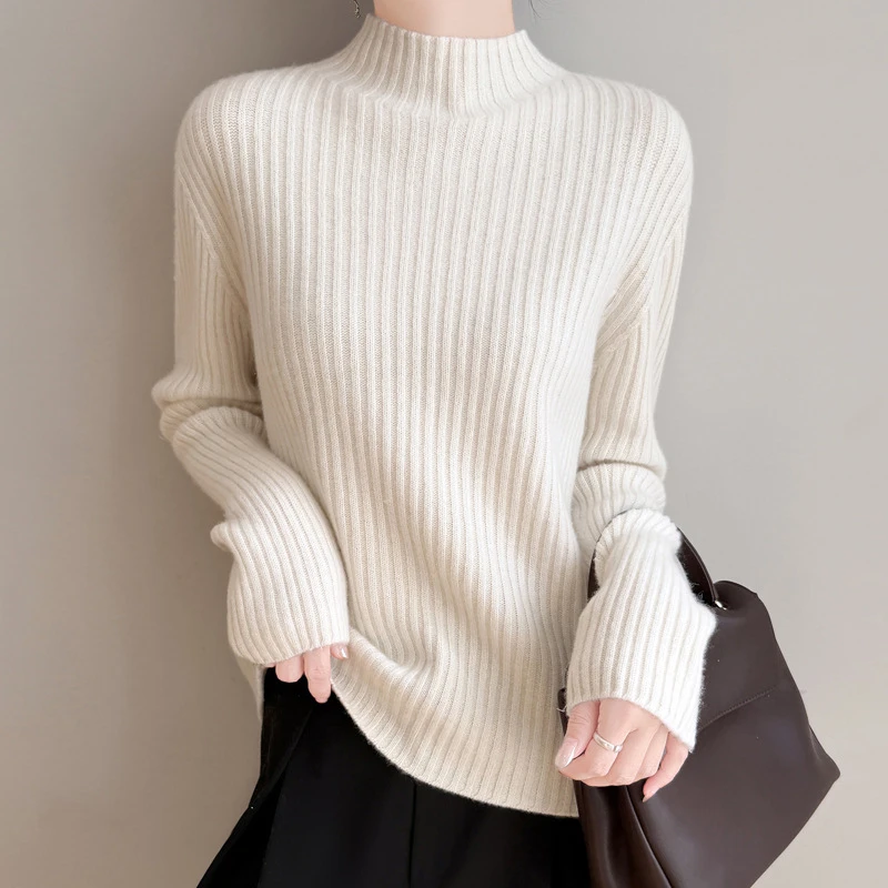 

Женские вязаные свитера на осень-зиму, пуловеры с воротником-стойкой, с длинным рукавом, толстые, однотонные, повседневные, базовые топы