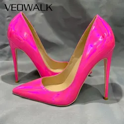 Veowalk Chic Glossy Pink Women Sexy Pointed Toe Stiletto Pumps Classic Slip On High Heels Party Bridemaids Wedding Dress Shoes