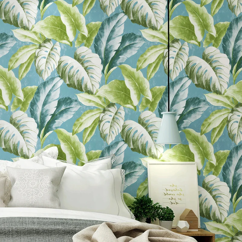 

Nordic banana leaf wallpaper bedroom living room Mediterranean style Thai TV background wallpaper