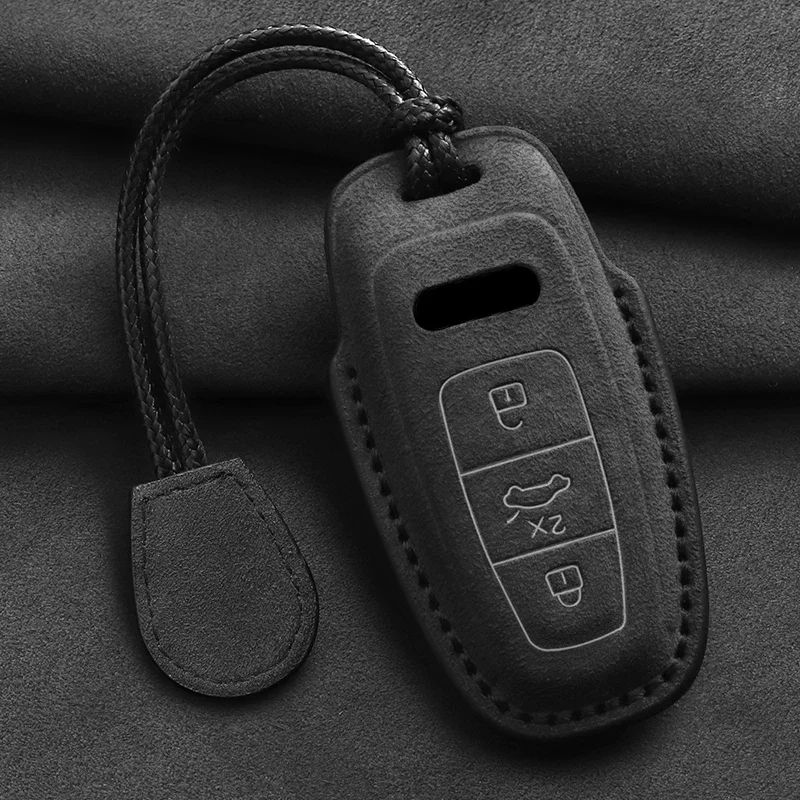 Leather Car Key Case Fob For Audi A6 A4 A5 A7 A8 C8 Q8 8S 8W Q7 B9 4M S5 S4 S7 D5 TT TTS TFSI E-Tron Keychain Suede Accessories