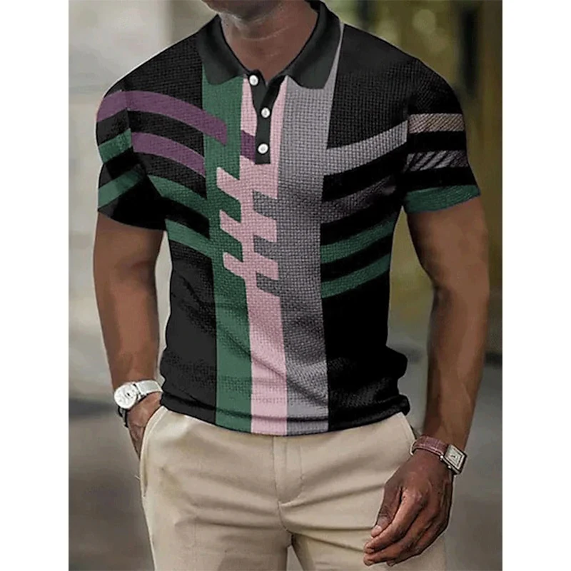 Men's Golf Polo Shirt 3D Print Geometry Graphic Turndown Casual Tee Shirt Short Sleeves Oversized Button Down Tshirt For Men