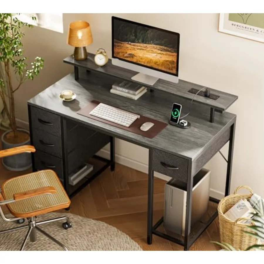 Computer Desk with Power Outlets 4 Drawers for Home Office, Engineered Wood, White, Space-Saving and Cable Management Design