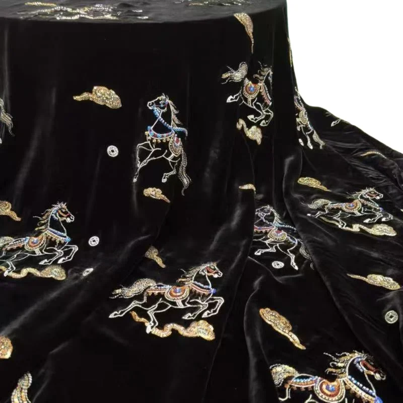 

1meter Black Color Horse Pattern Embroidery Fabric Mulberry Silk Velvet Fabric for New Chinese-style Coat Vest Dress Cheongsam