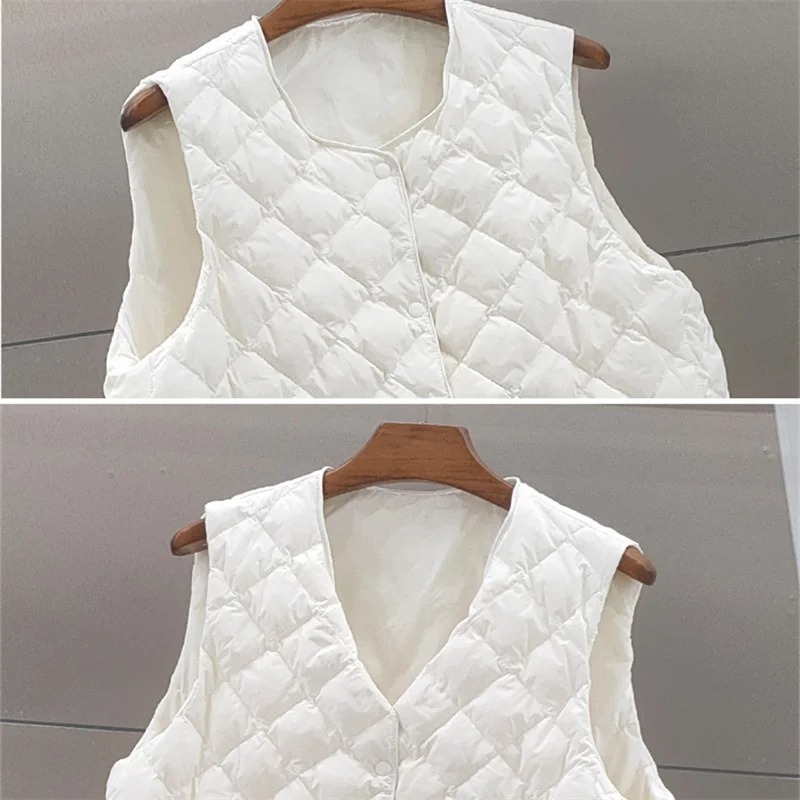 Giacca invernale in piumino d'anatra bianco sottile ultraleggero da donna Gilet in piumino con reticolo rombico Parka da donna senza maniche corto