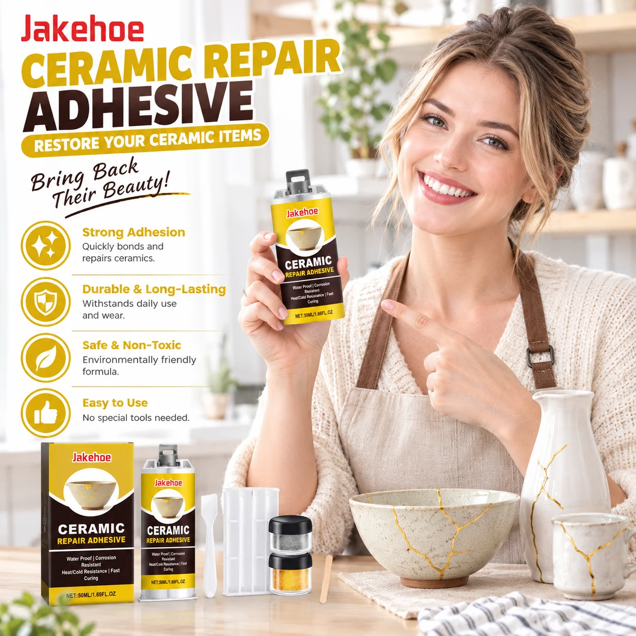 Jakehoe Ceramic Repair Kit Broken Pottery Restoration Sculpture Bathtub Art Craft Silver Gold Adhesive Ceramic Repair Paste 50ml