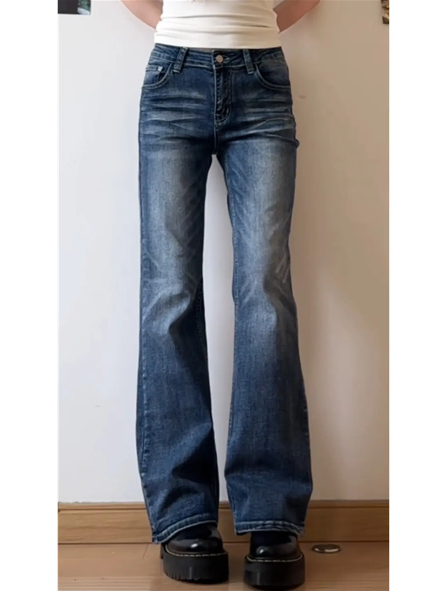 

American Style Sexy Low Waist Bell Bottom Jeans Women's Summer Slimming Long Length Floor Length Pants Retro Wash Cotton Stra...
