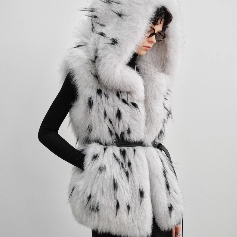 YOLANFAIRY Autumn and Winter Imported crown blue fox fur coat women's hooded sleeveless grey weave Fur vest шуба женская 2025