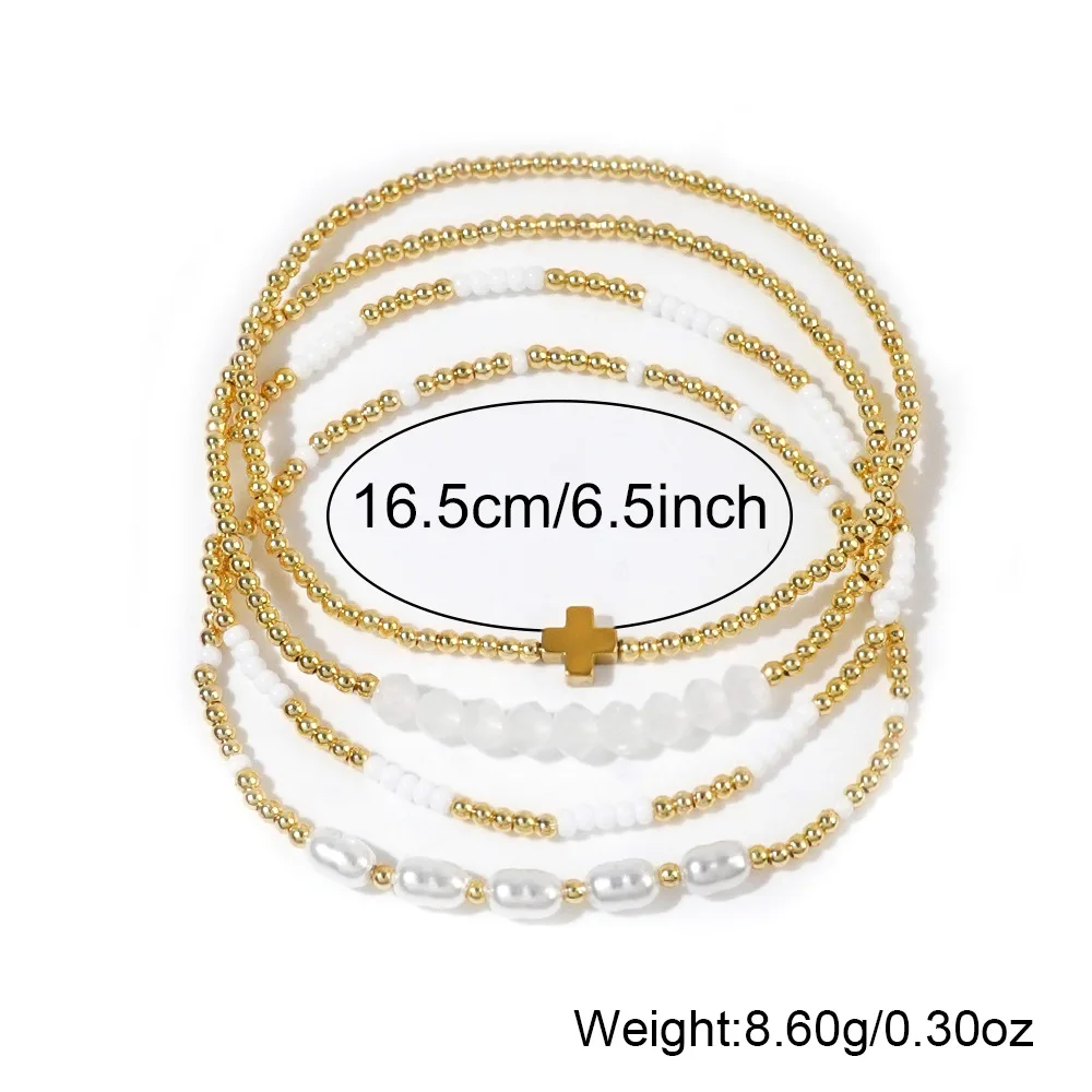 1pc/4pcs White Crystal Imitation Pearl Copper Bead Cross Bead Bracelet Set Bohemian Women\'s Fashion Style Stacked Gift
