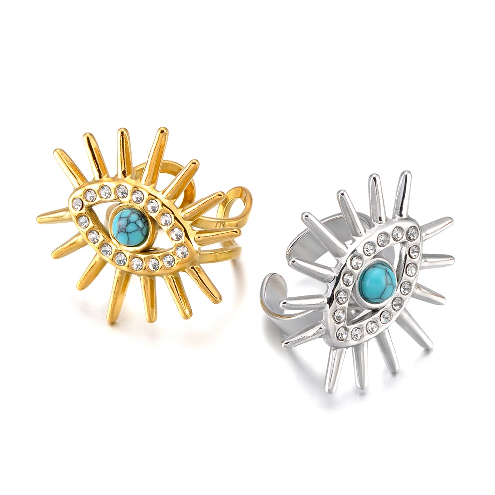 JeeMango Edelstahl-Ringe mit türkisfarbenem Zirkon und Teufelsauge für Damen, vergoldet, rostfrei, Fingerschmuck, Party-Geschenk, R26017 – Detail 1