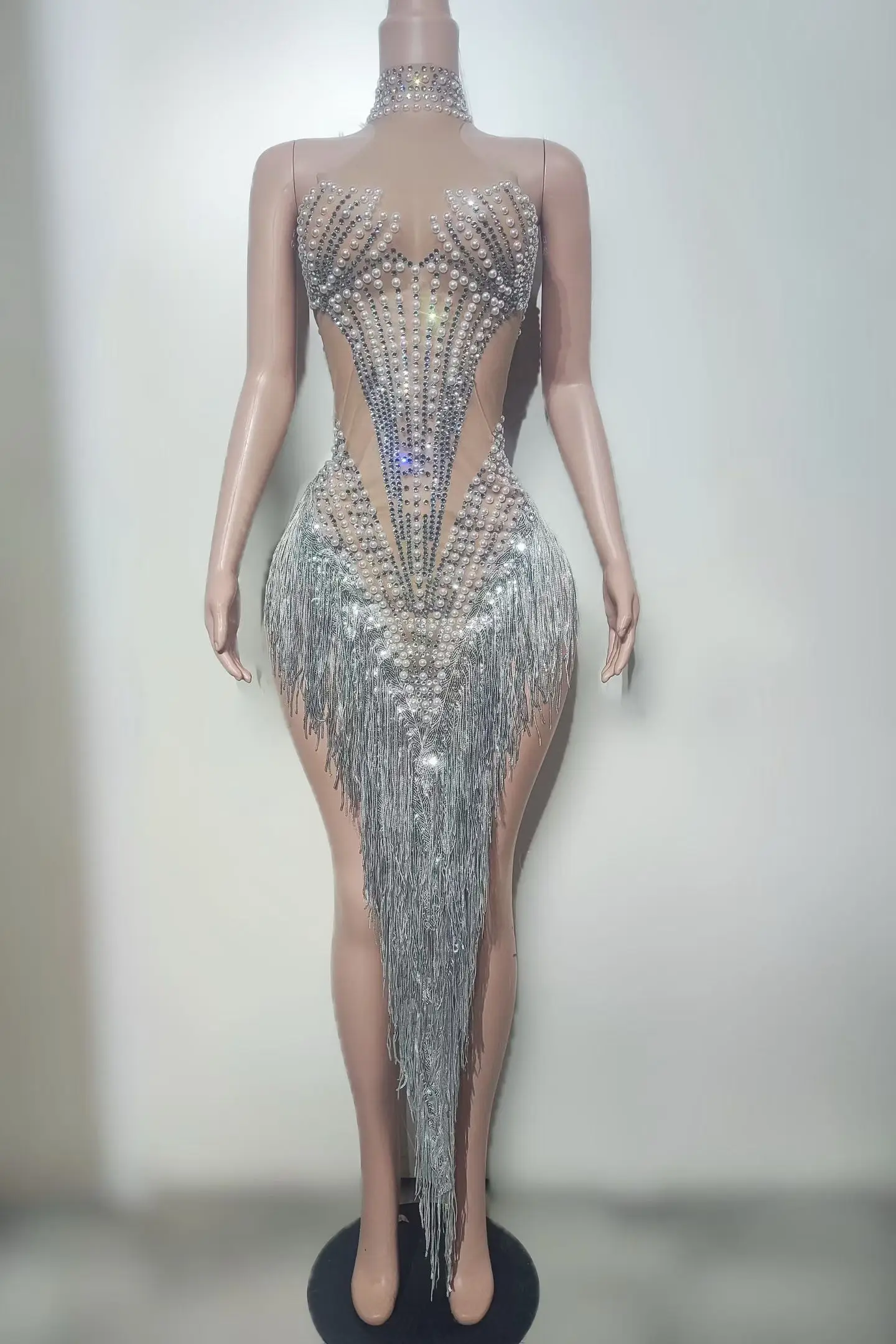 Qiaoli Luxury Women Pearl Dress Perspective Mesh Tassel Dress Bar Stage Performance Costume Graduation Homecoming Prom Gowns