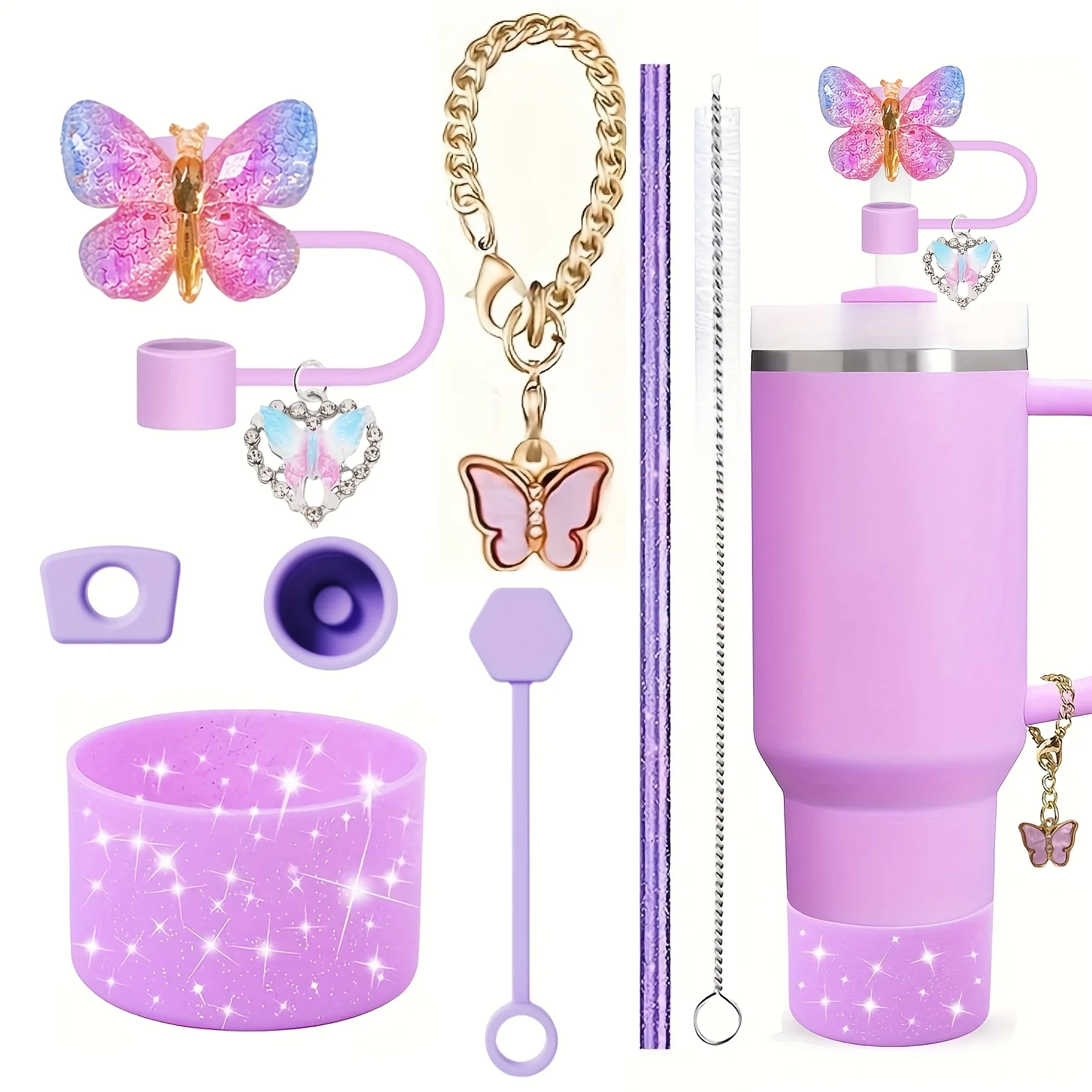 8pcs Cup Accessories Including 1pc 10mm Butterfly Straw Topper Cover 3pcs Spill Proof Stopper 1pc Silicone Boot 1pc Glitter Stra