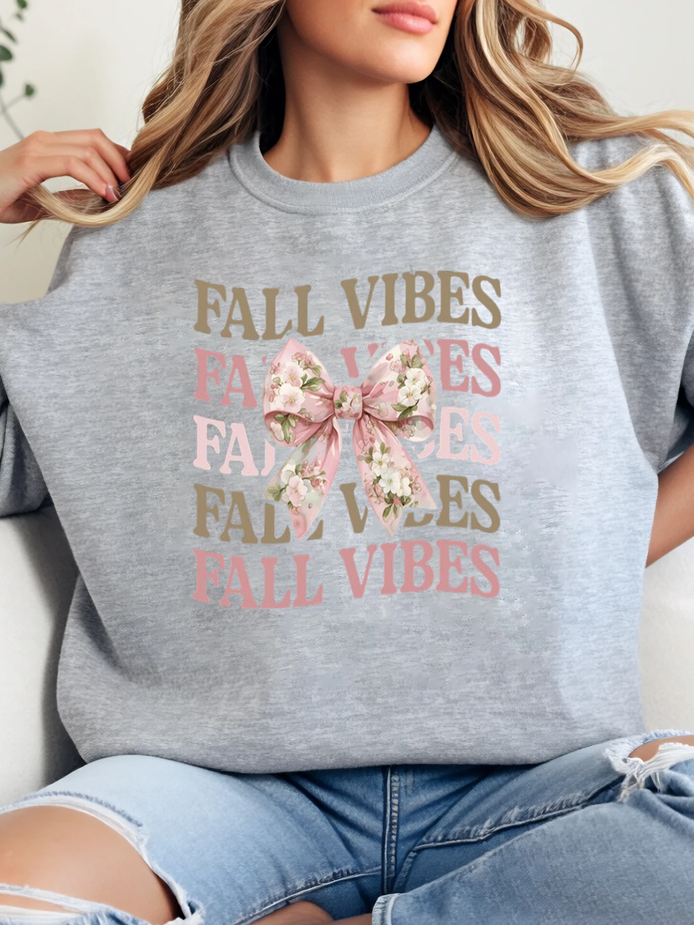 

Толстовка с цветочным принтом и бантом Fall Vibes, осенняя женская повседневная одежда, серая, больших размеров