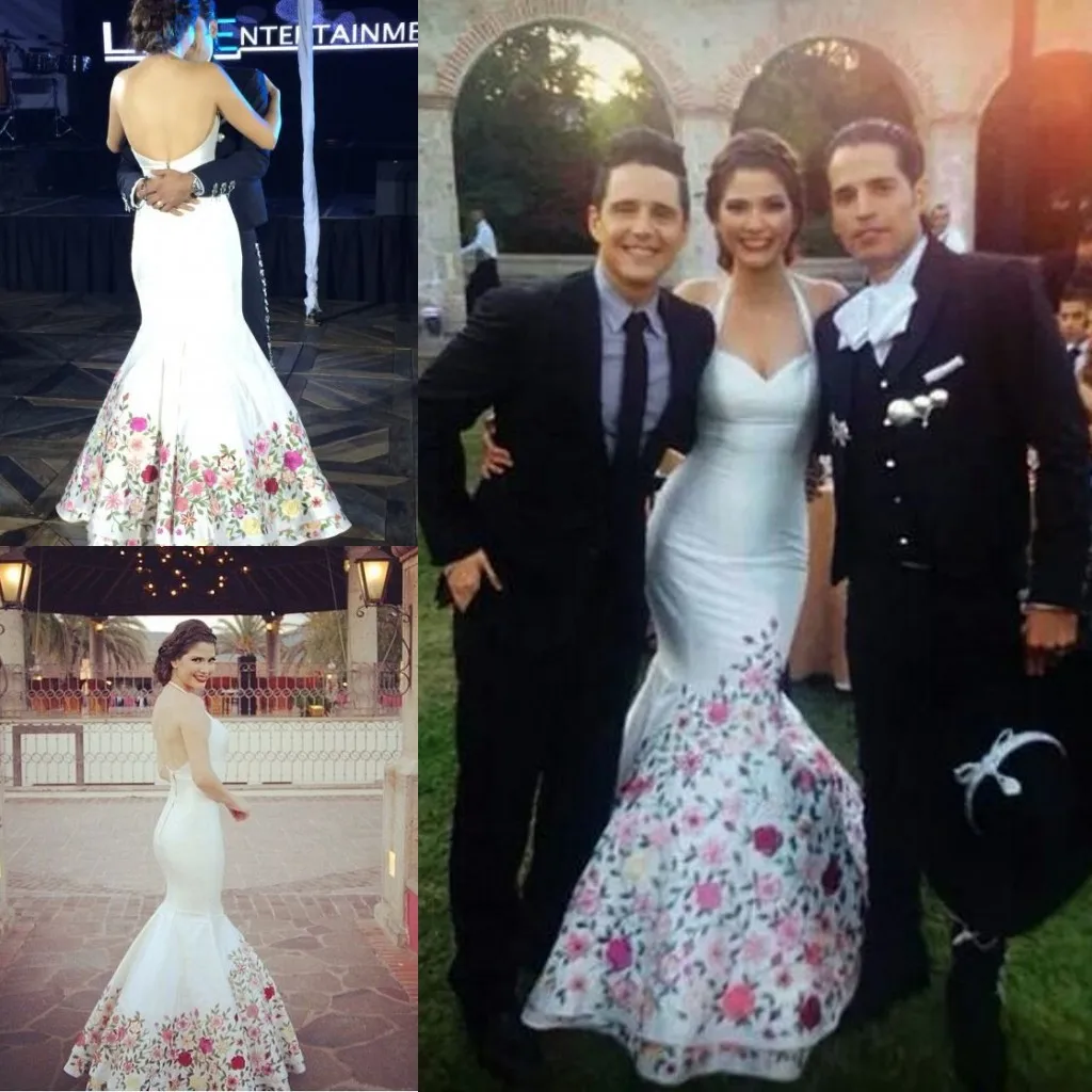 3D Floral Embroidery Mermaid Mexican Wedding Dresses Halter Backless Stain Trumpet Charro Western Country Bridal Gown