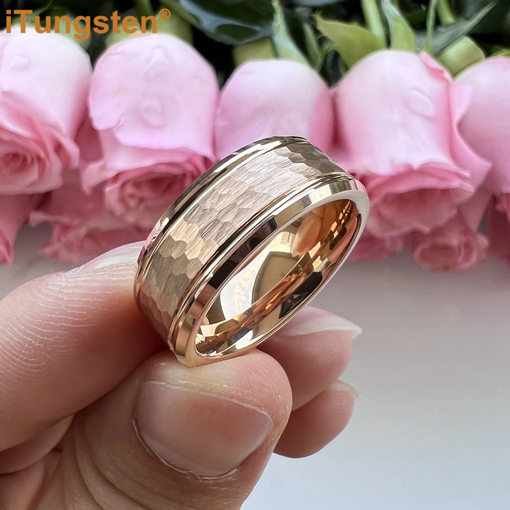 iTungsten 8mm Hammered Tungsten Carbide Ring Men Women Engagement Wedding Band Trendy Jewelry Beveled Edges Comfort Fit