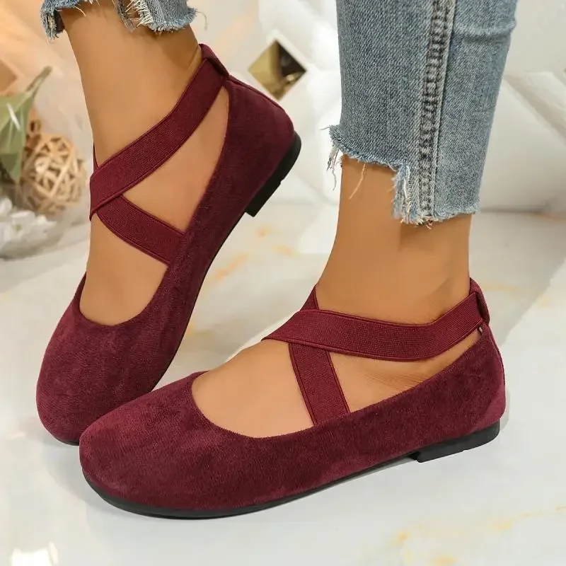 French Retro Red Suede Ballet Flats Women 2026 Spring Cross Strap Flat Heel Red Velvet Mary Jane Shoes Plus Size Woman's Loafers