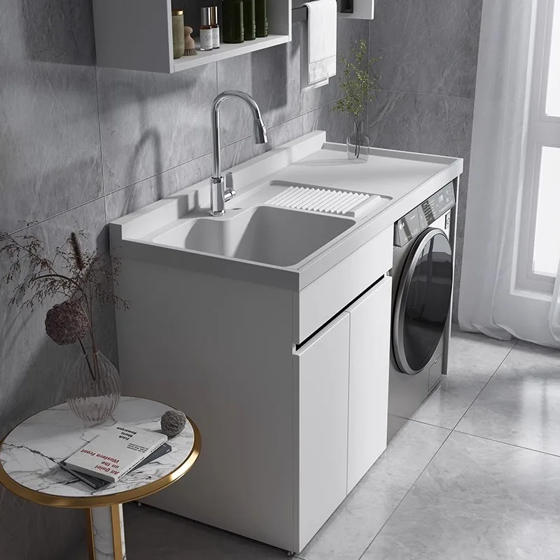 Honeycomb Aluminum Laundry Sink Cabinet, Quartz Countertop Basin with Washboard, Integrated Combo Unit