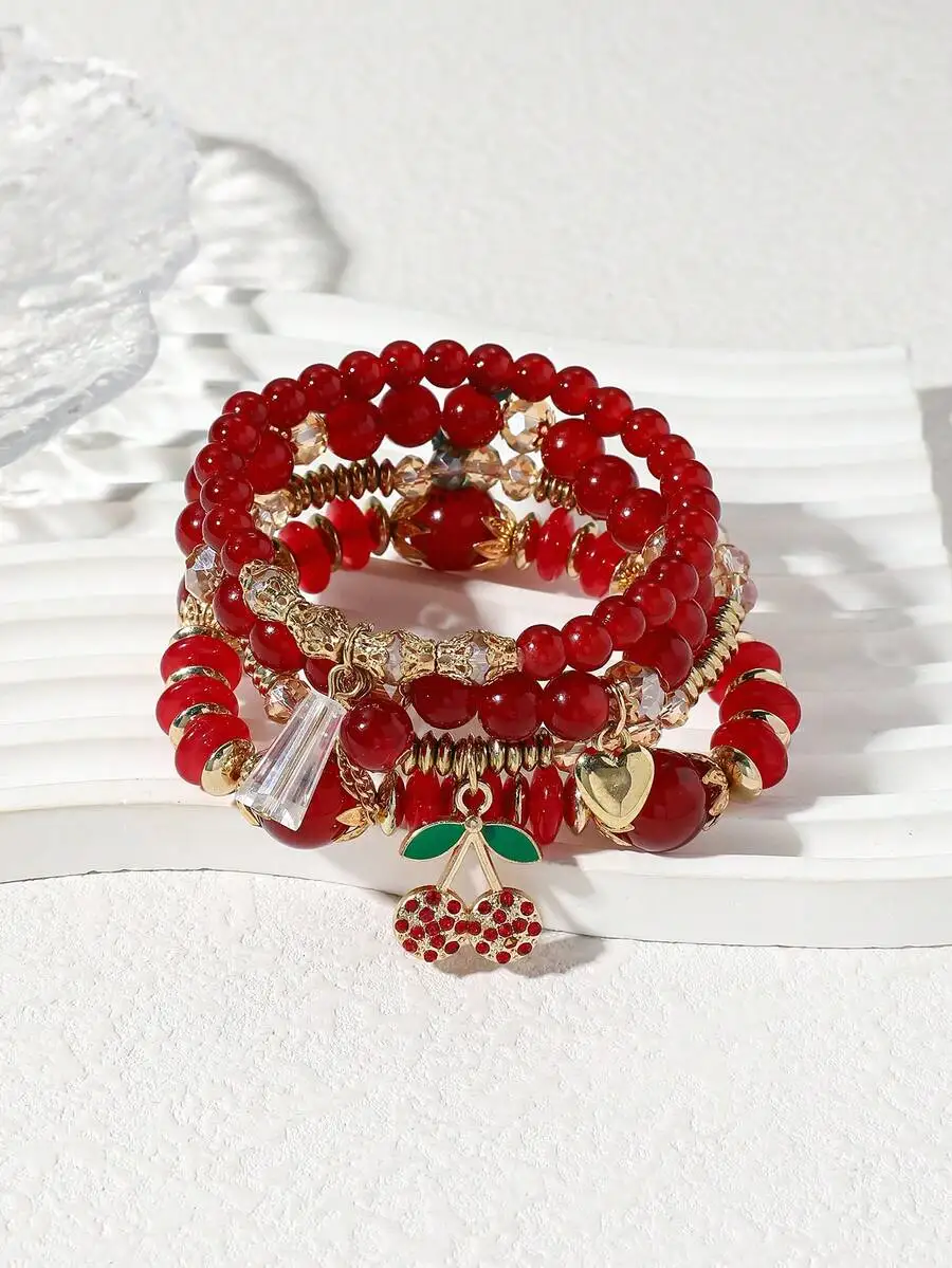 4 Pcs Versatile Red ABS Bead & Cherry Drop Oil Pendant Bracelet Set, Suitable For Women's Everyday And Vacation Outfits