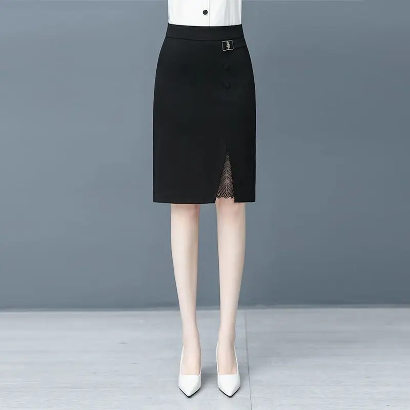 Office Lady Fashion High Waist Slim Black Skirts Spring Summer Patchwork Lace Irregular Split Midi Women Streetwear Casual Skirt