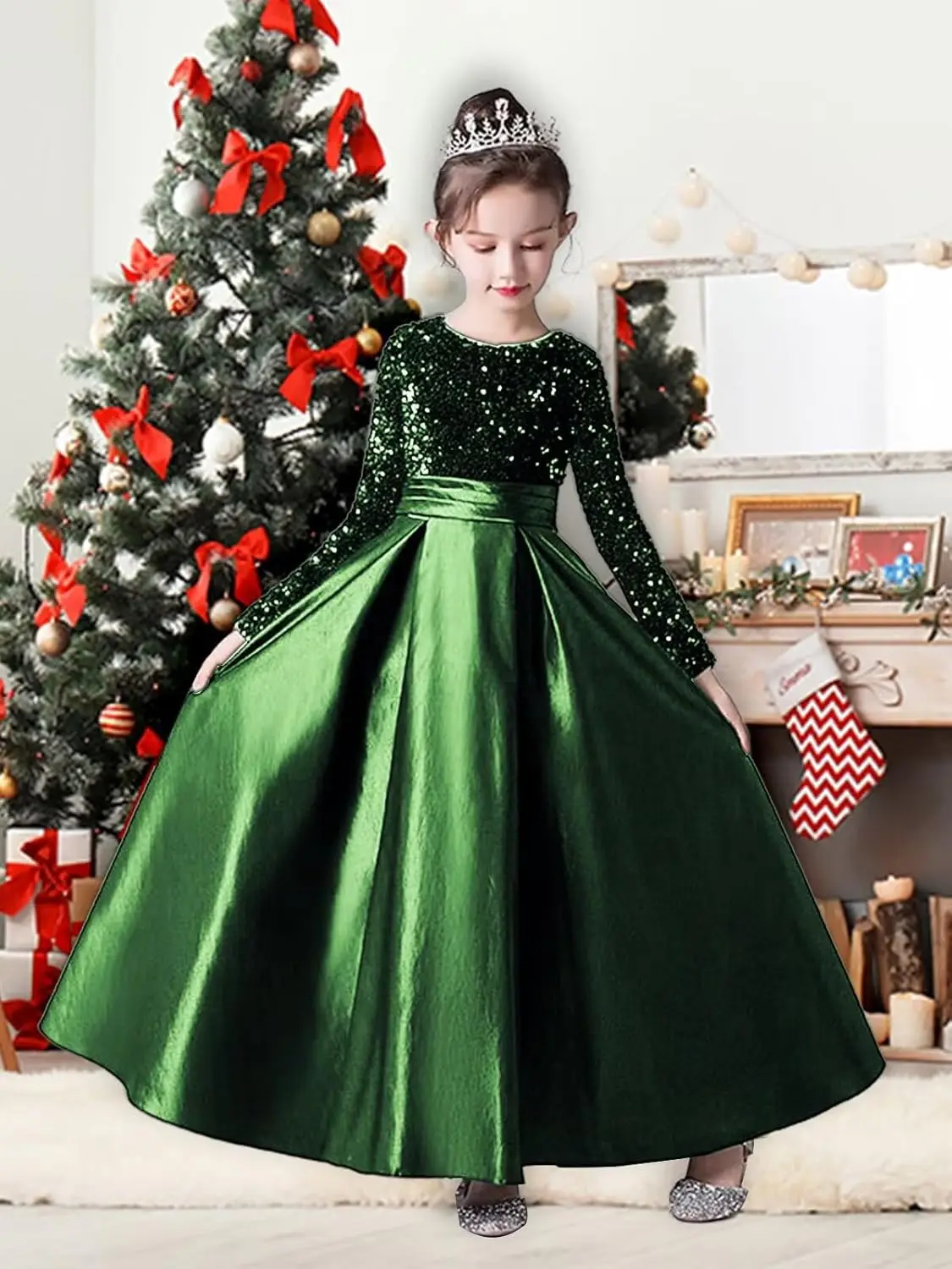Gaun Gadis Bunga Lengan Panjang Gaun Natal Satin Payet Pita Besar Gaun Formal Pesta Gadis Bunga untuk Pernikahan Gaun Putri