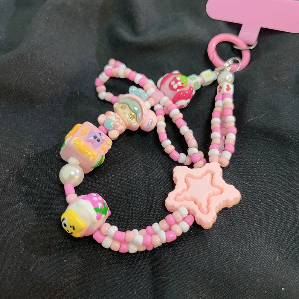 Dopamine Girl Pink Star Bow Beaded Bracelet, Phone Case Hanging Rope, Keychain Bracelet and Short Jewelry Accessories Combined