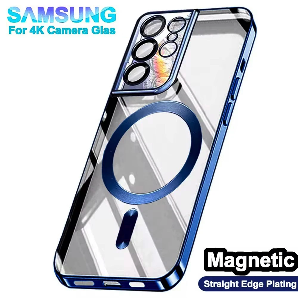 

Original Wireless Magnet Plating Cover For Magsafe Case Samsung Galaxy S24 S23 Fe S21 Plus S22 Ultra 6K Glas Full Camera Protect