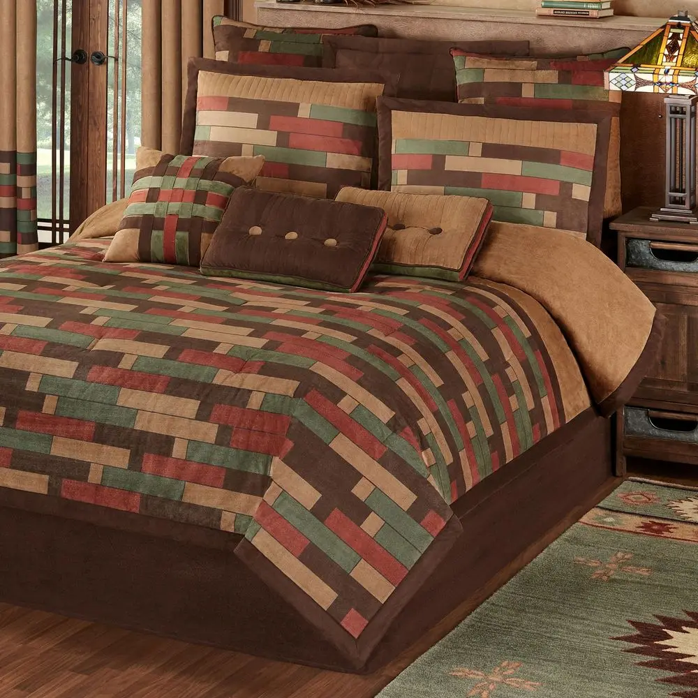 

Soft Faux Suede ColorBlock Bedding Warm, Rich Earth Tone Colors Geometric Printed Blocks 4 Piece Bed Set includes Oversized Cal