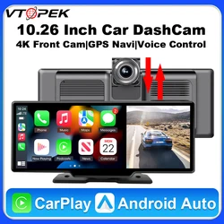 Vtopek 자동차 DVR 무선 카플레이, 4K 대시 캠, 안드로이드 자동차 1080P 후방 카메라, GPS 네비게이션 대시 보드, 자동차 모니터 AUX, 10.26 인치