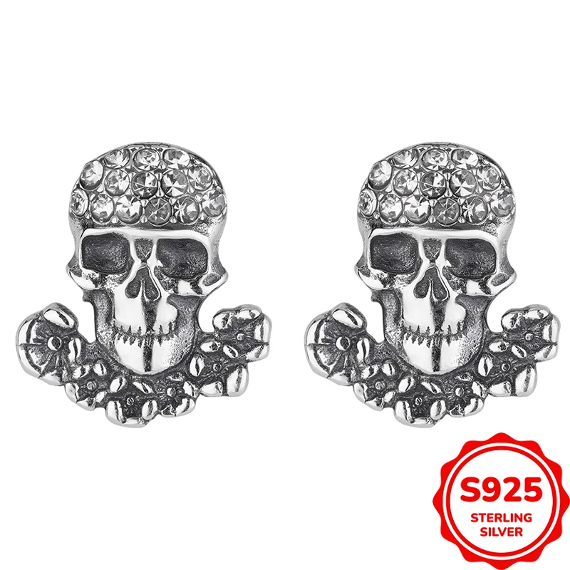 

Personalized Retro Authentic S925 Silver Trendy Cool Skull Dyed Black Couple Earrings