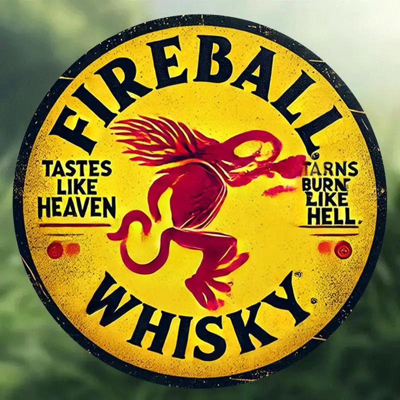 2D 1 قطعة، "Fireball Whisky" علامة معدنية كلاسيكية مستديرة 20.32 سم، لهب الويسكي، للمنزل والفن ديكور الحائط - مثالية للبار