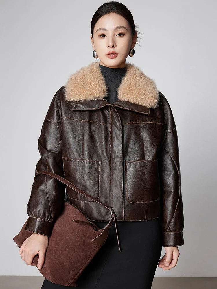 

Vintage Short Genuine Leather Goose Down Jackets for Women High-end Simple Natural Wool Collar Winter Real Sheepskin Down Coat