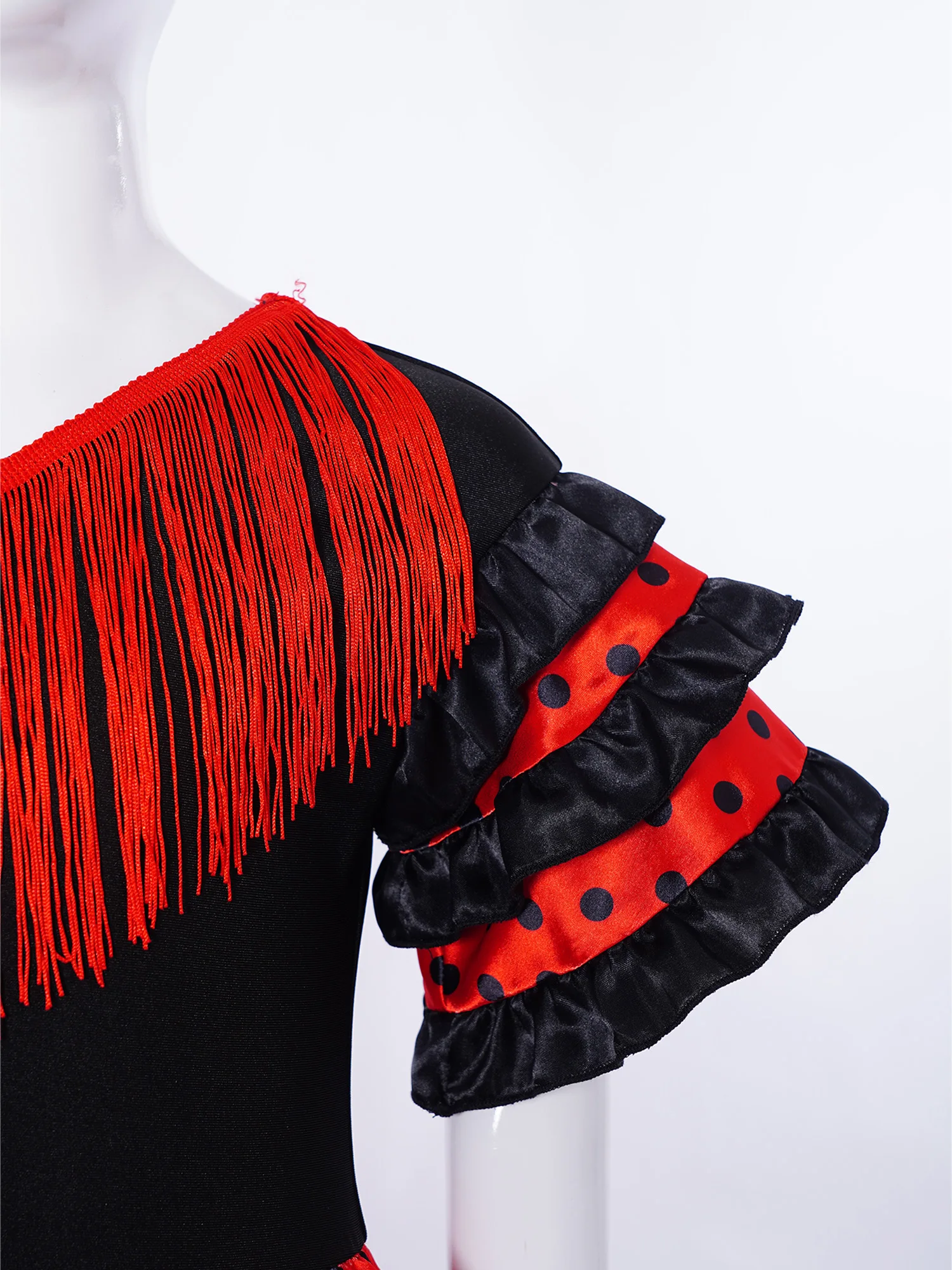 Kids Girls Spanish Flamenco Dress Childrens Gypsy Style Dance Performance Costume Tassels Short Sleeve Tiered Ruffles Dot Dress