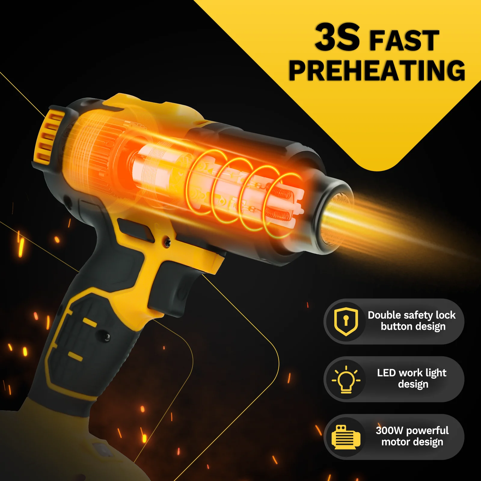300W Cordless Heat Gun 60℃- 540℃ Fast Heating Hot Air Gun Variable Temperature Control DIY Craft for Dewalt 20V Battery Pin