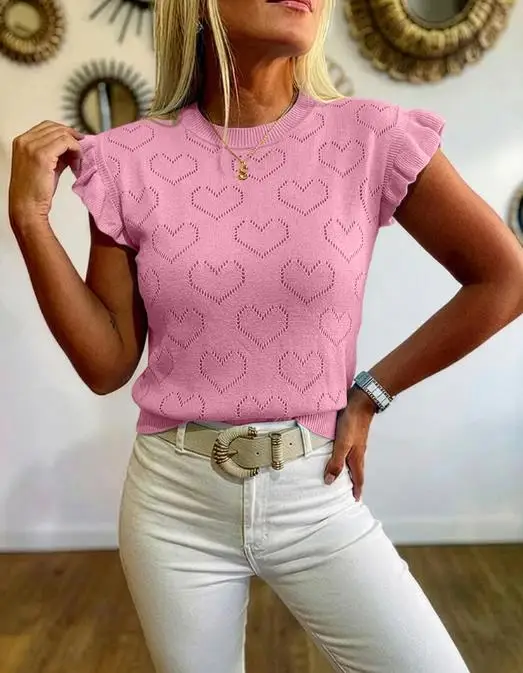 

Summer New Fashionable Elegant Casual Hollow Knitted Heart Fungus Edge Cuff Design Slim Fit Straight Tube Short Sleeved T-Shirt