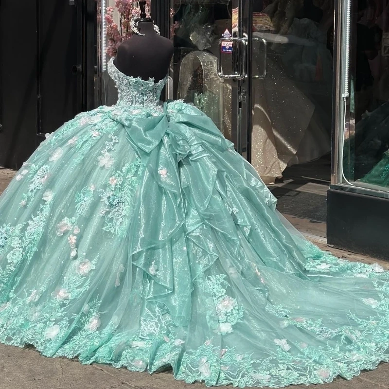 Evlast Prinses Mint Liefje Baljurk Quinceanera Jurk Appliqueert 3d Bloemen Kralen Sweet 16 15 Vestidos De 15 Años Tqd035