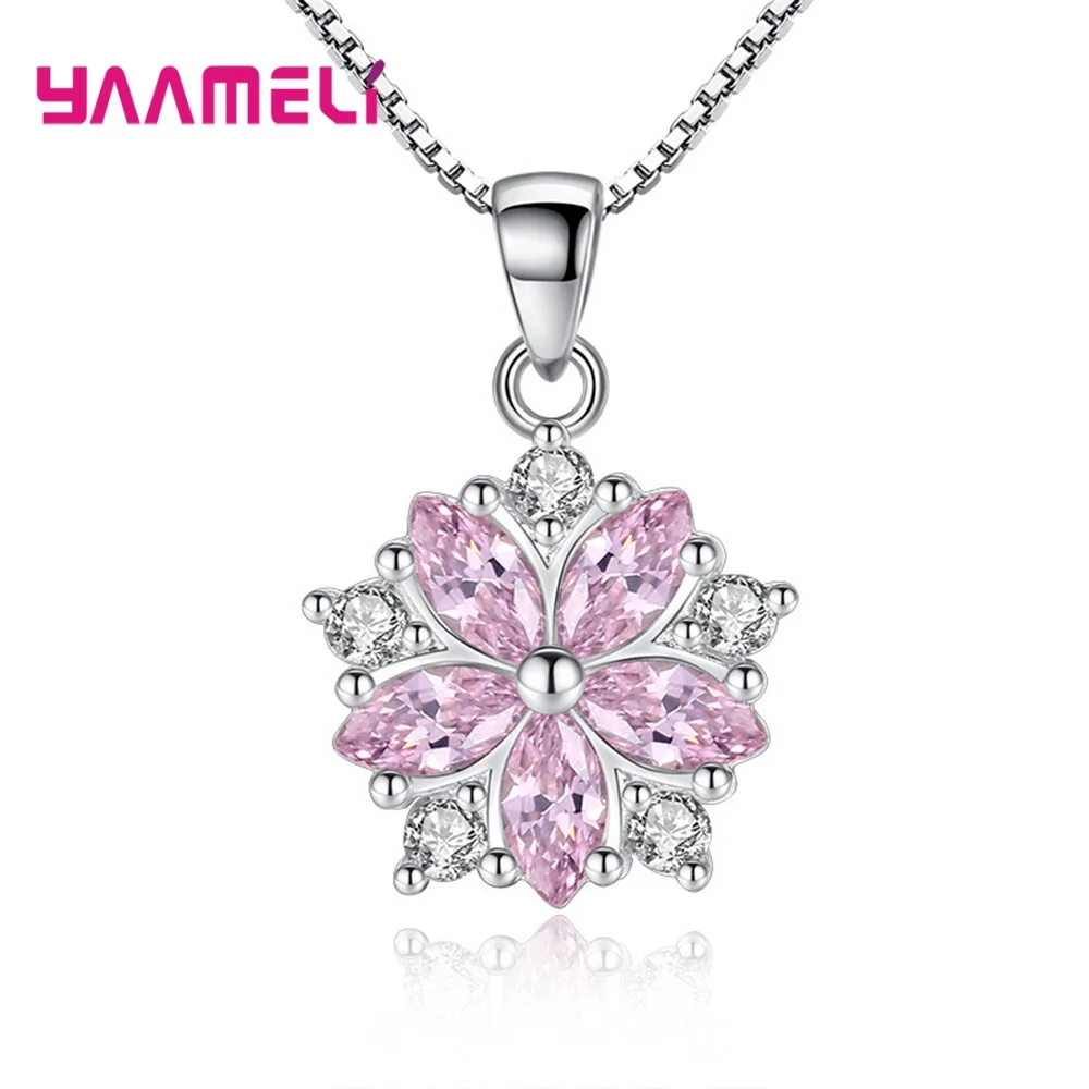 925 Sterling Silver Pendant Necklaces Delicate Pink Cherry Blossom Crystal Zircon Necklace for Women Girls Party Jewelry Gift