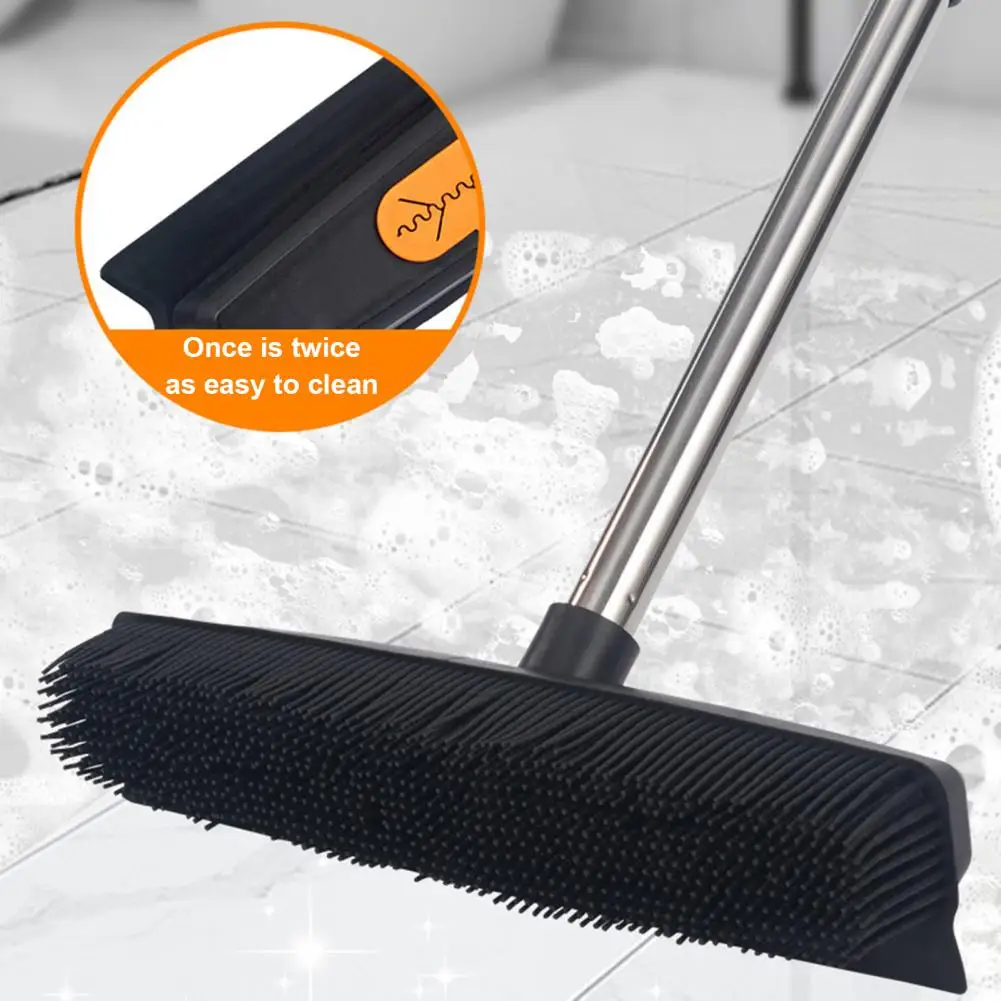 2-in-1 Long Handle Pet Hair Broom with Squeegee Lightweight Fur Remover Brush Ergonomic Grip Multi-Surface Cleaning Brush