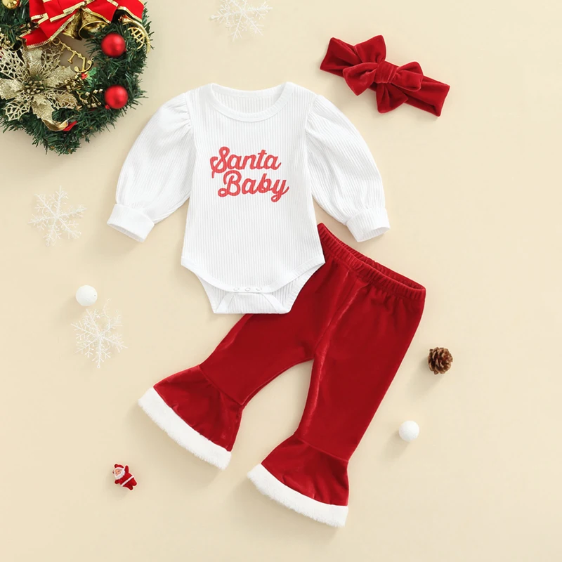 Newborn Baby Girl Christmas Outfit with Puffy Long Sleeve Romper Velvet Bell Bottoms and Matching Headband Set -