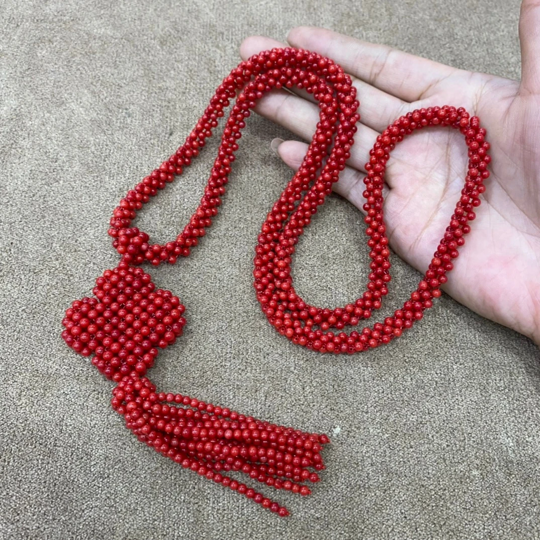 

Natural Red Coral Necklace Men Women Healing Gemstone Fine Jewelry Genuine Red Coral Four Leaves Clover Pendant Tassel Necklaces