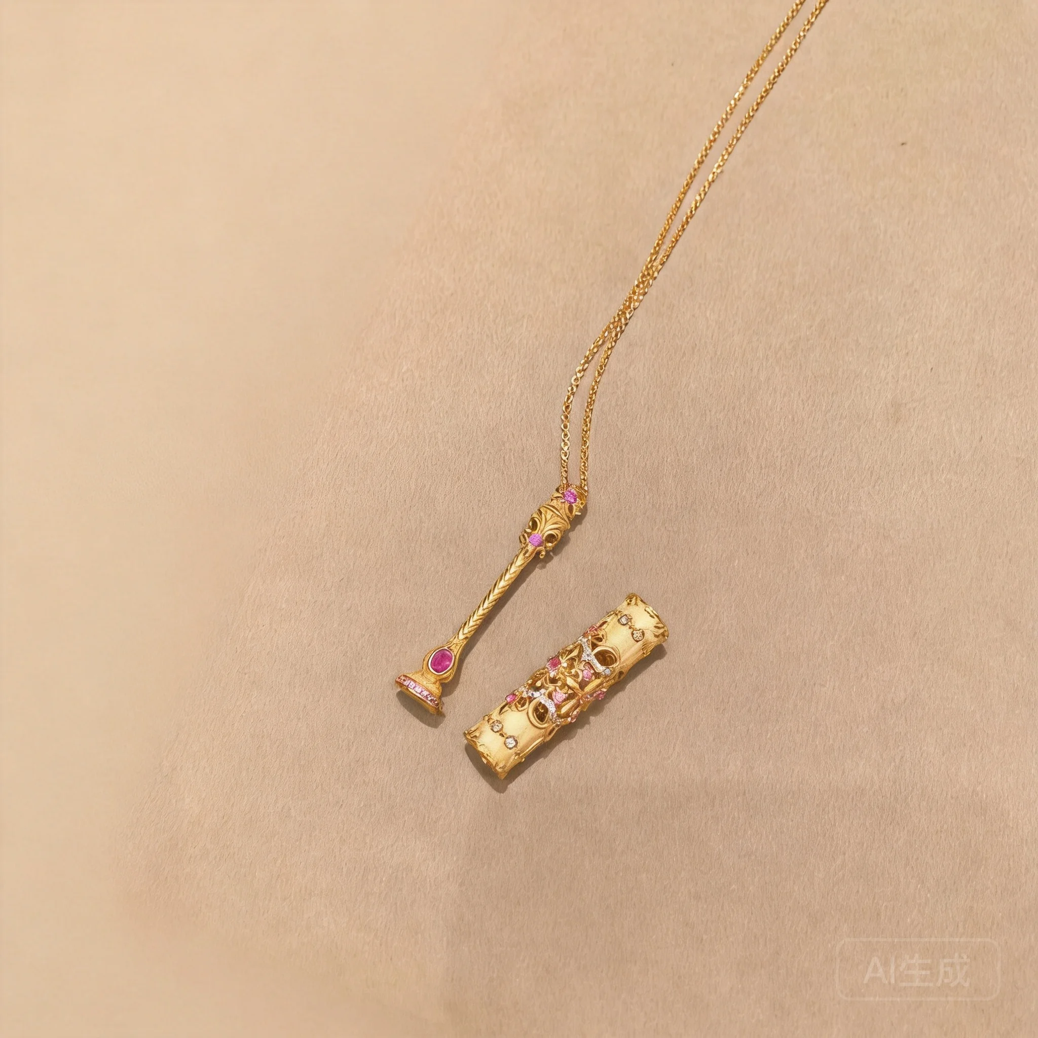 

Chinese Style Lucky Magic Wand Necklace Women Gold Plated Hollow Enamel Pink Gem Inlaid Clavicle Chain Blessing Fortune Trendy