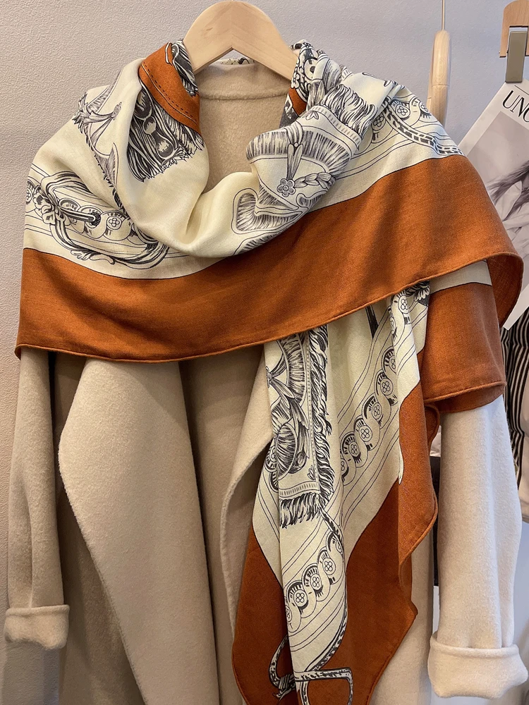 Warm Silk Wool Cashmere Scarf Brand Designer Horse Printed Square Mulberry Shawls and Wraps 135CMX135CM Herm Roller Edge Cape