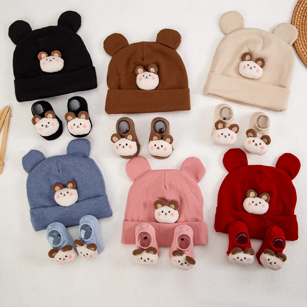 2Pcs/Set Autumn Winter Cute Bear Baby Turban Hats & Knitted Short Socks Stockings Newborn Infant Caps Beanies Kids 0-12 Months H