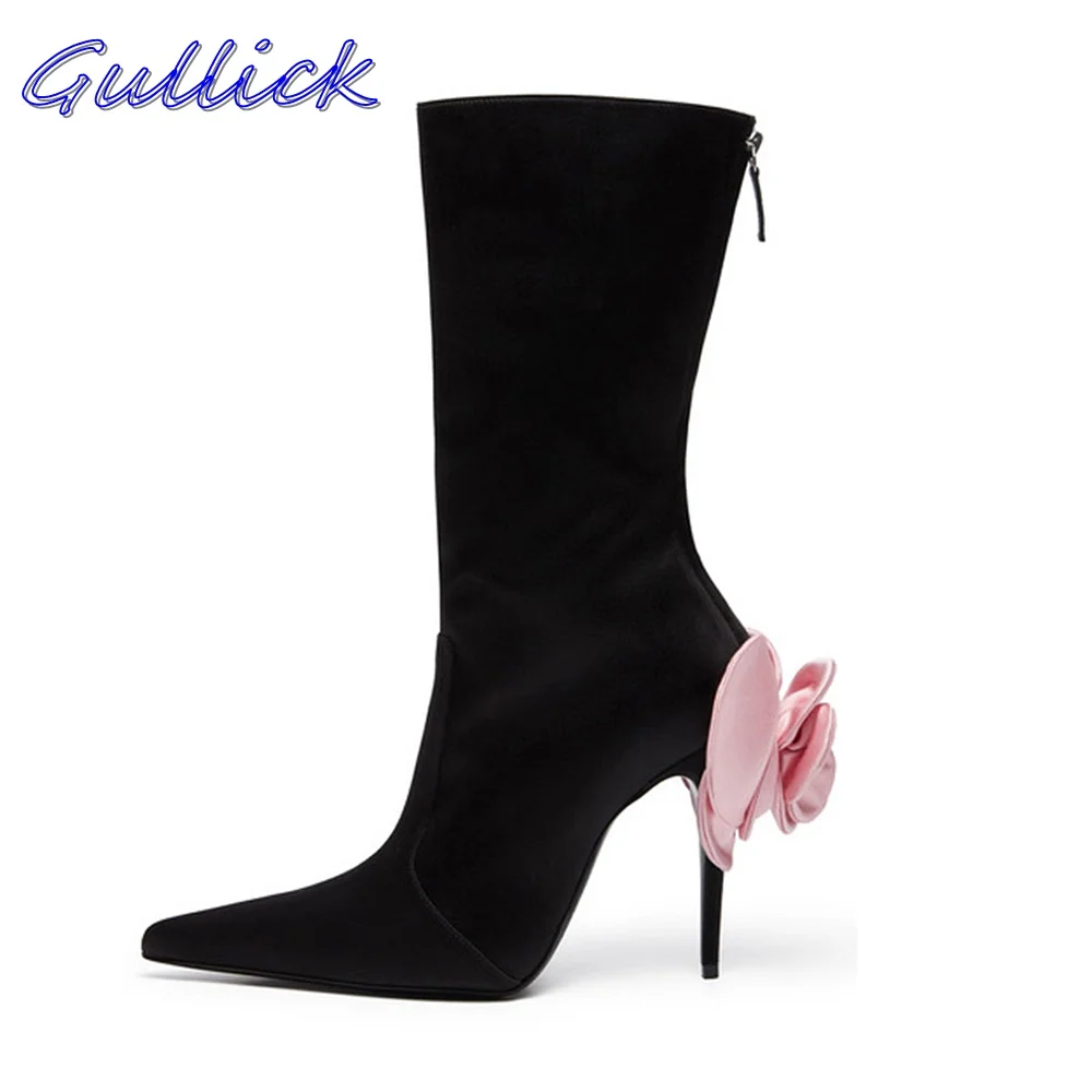 

Black Pink Roses Boots Pointed Toe Stiletto High Heel Flower Metal Zipper Solid Sexy Autumn Winter Luxury Women 2024 Shoes