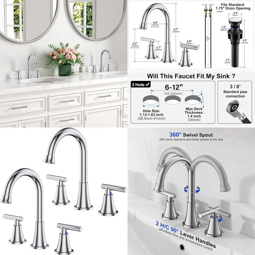 

2-Pack Chrome 3-Hole Bathroom Sink Faucets with Pop-Up Drain and Supply Lines, Lead-Free Stainless Steel Widespread for Vanity a