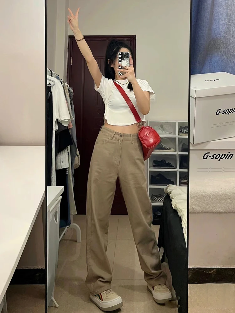 Jeans a vita alta a gamba dritta kaki Pantaloni lunghi dimagranti larghi vintage di piccole dimensioni da donna Pantaloni lunghi fino al pavimento alla moda