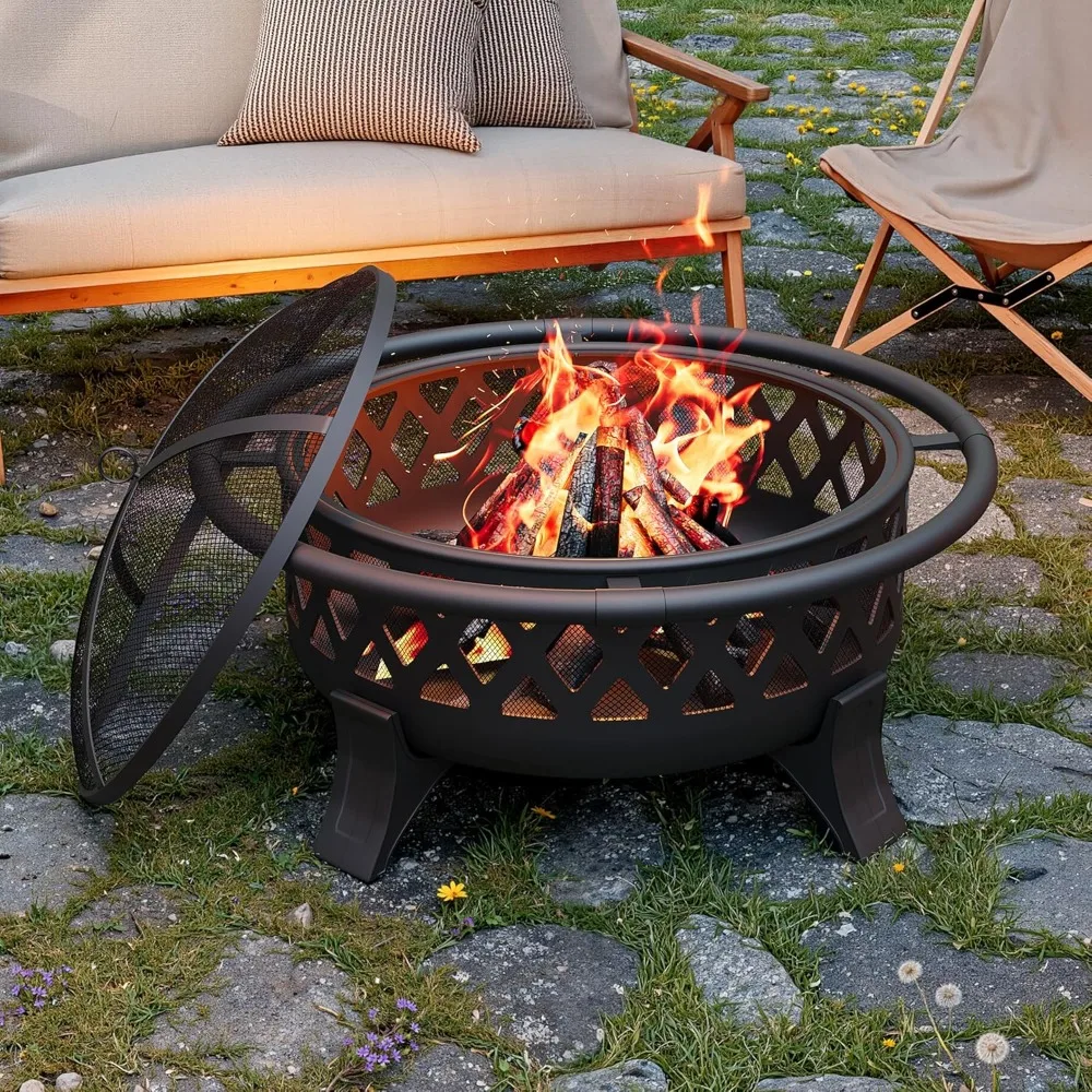 

Wood Burning Outdoor Fire Pit, 37 Inches with Poker and Spark Screen, Ideal for Backyard and Patio Camping