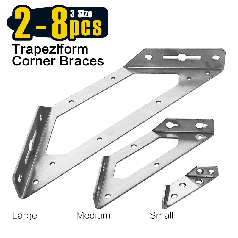 2-8 PCS Stainless Steel Trapeziform Angle Brackets, Trapezoid Corner Braces for Shelf Support, Triangle Joint Fasteners